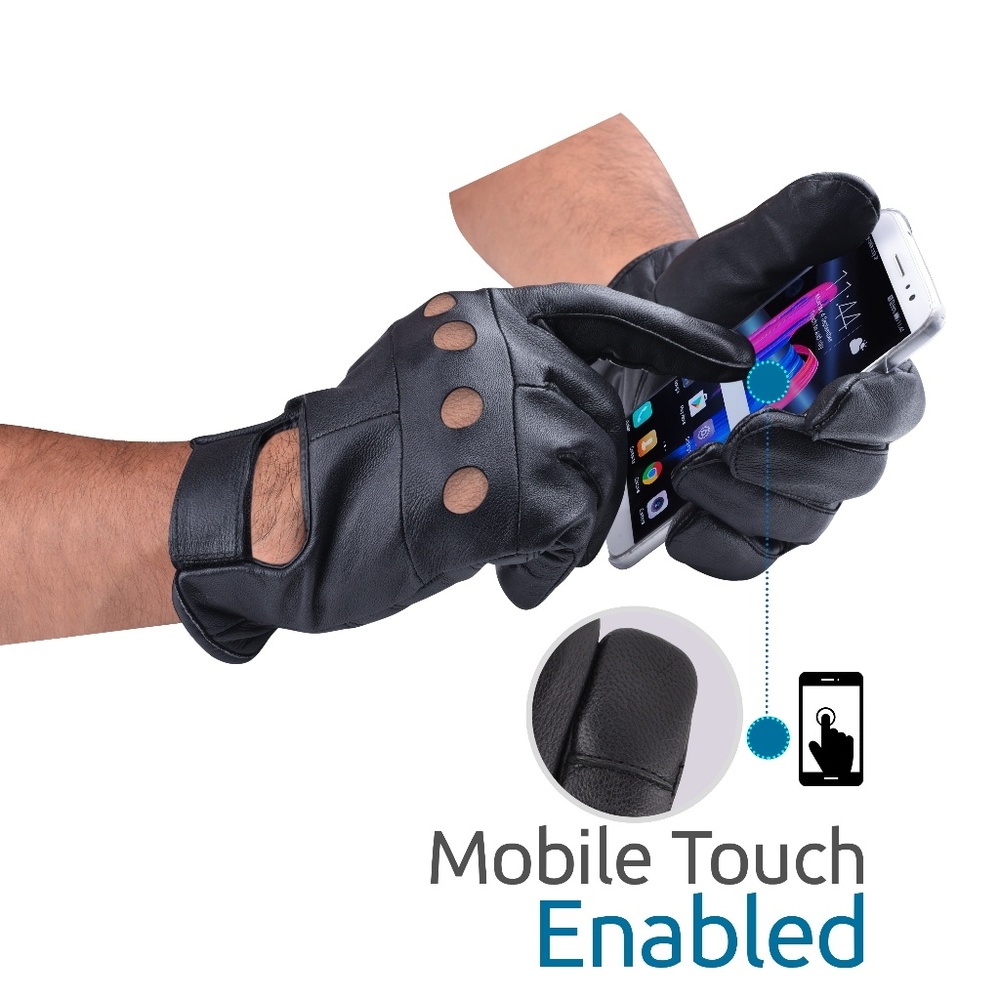 Genuine Leather Knuckle Holes Driving Gloves Men